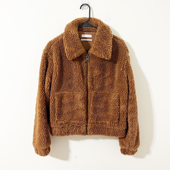 Urban Outfitters Willow Fuzzy Brown Drawstring Teddy Full Zip Cropped Jacket S - Picture 2 of 11